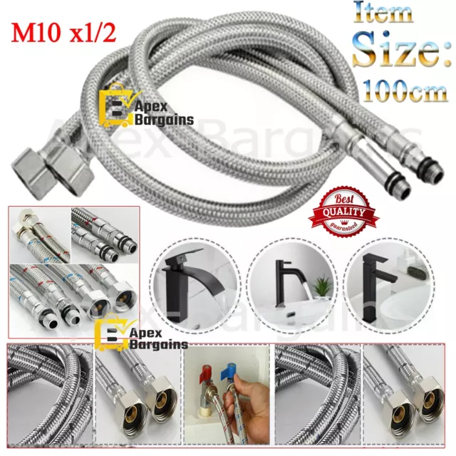 100cm Pair M10 ½ Kitchen Sink Bathroom Basin Flexible Hose Pipe Tap Connector UK
