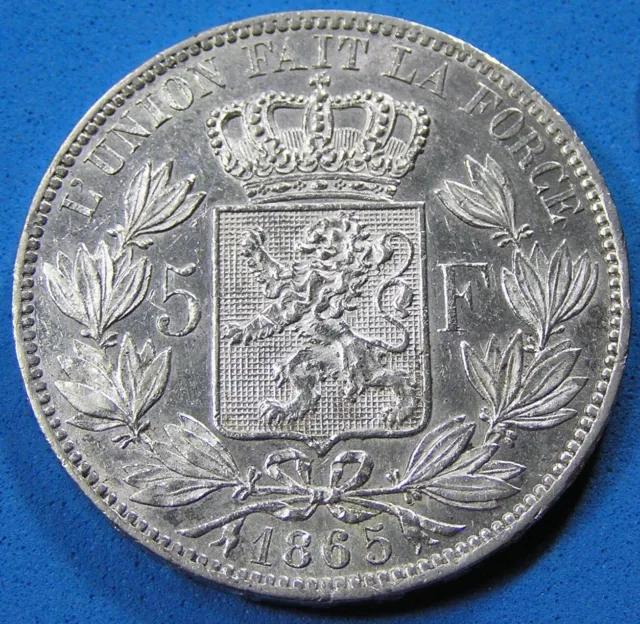 Belgium 5 Francs .900 Silver Coin, 1865 AU-UNC Details, King Leopold I KM-17