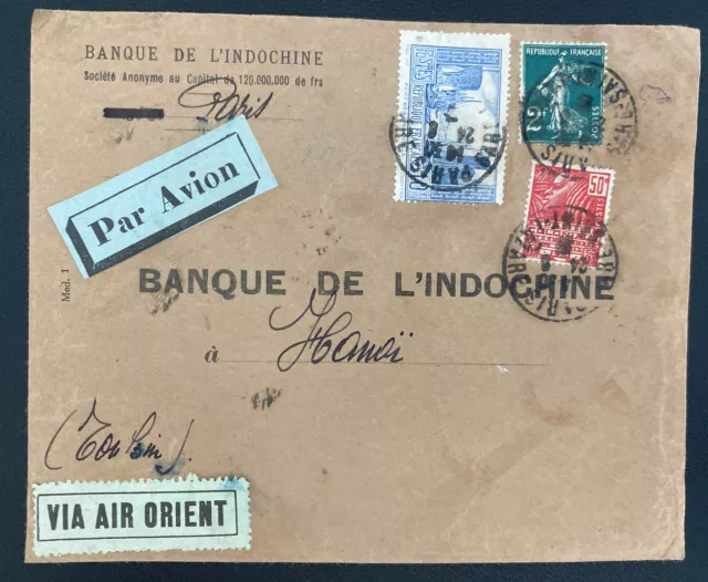 1931 Paris France Indochina Bank Commercial  Airmail Cover To Hanoi Vietnam