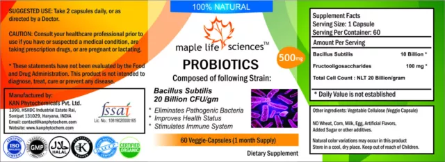 Probiotic blend of Bacillus subtilis 20 Billion CFU/GRAM Capsules 36