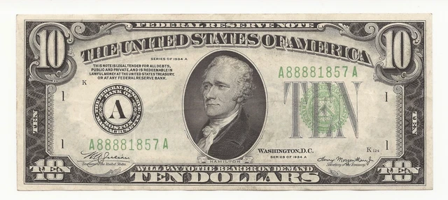 1934-A $10 Dollar Bill Federal Reserve Note FRN Boston 857A-DDCM