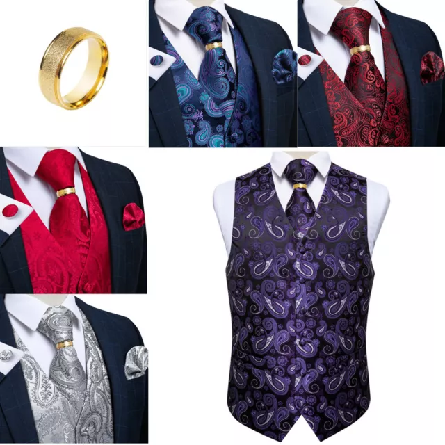 Mens Vest and Tie SET Silk Dress Vest Bowtie Formal Waistcoat With Gold Ring