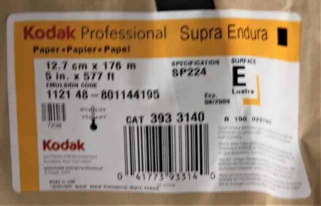 Kodak Pro Supra Endura  Paper 5 in x 577 ft Roll SP224 E 393-3140 Exp 08/2009 3