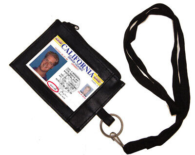 Black Leather ID Badge Holder Neck Strap Card Money Key Lanyard Name Tag Wallet 2