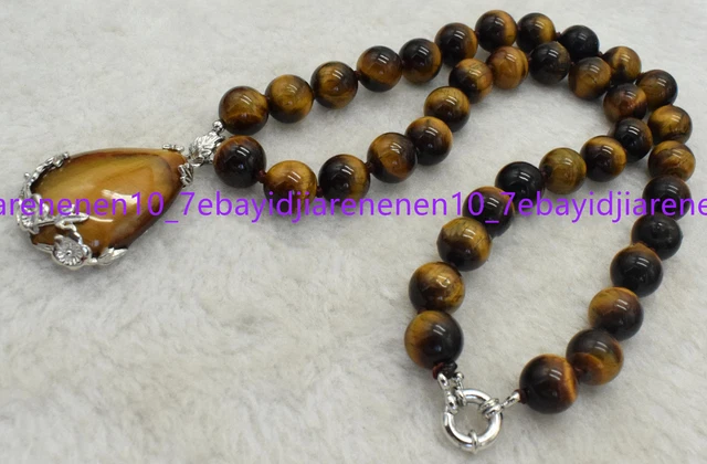 Genuine Natural Yellow Tigers Eye Round Gemstone Beads Teardrop Pendant Necklace