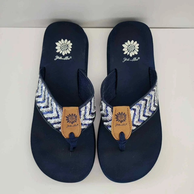 Yellow Box Flip Flops Thong Sandals Navy Blue Silver Sequins Size 9 Yellow Box Flip Flops Thong Sandals Navy Blue Silver Sequins Size 9