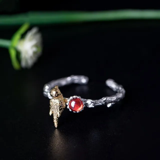 Silver Garnet Branch Bird Open Rings Women Chinese Style Vintage Jewelry