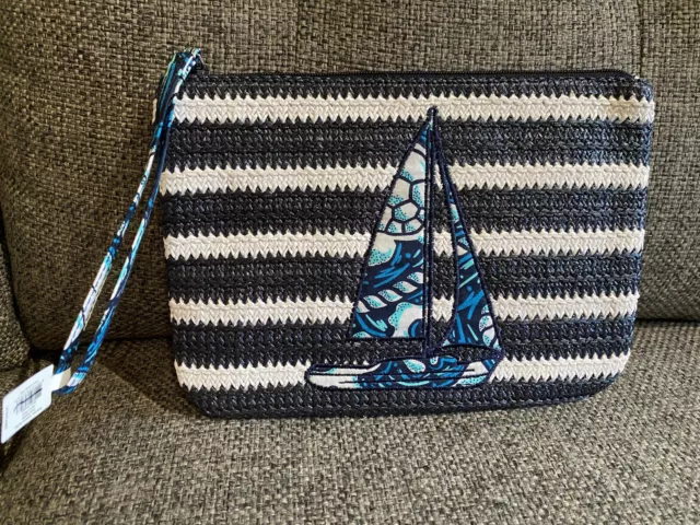 Vera Bradley Shore Enough Straw Wristlet Zip Clutch - Saliboat Design - NEW