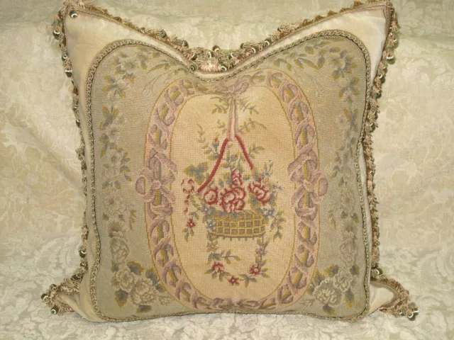 HUGE ANTIQUE FLORAL NEEDLEPOINT TAPESTRY PILLOW IN SUBTLE COLORS  24 x 24