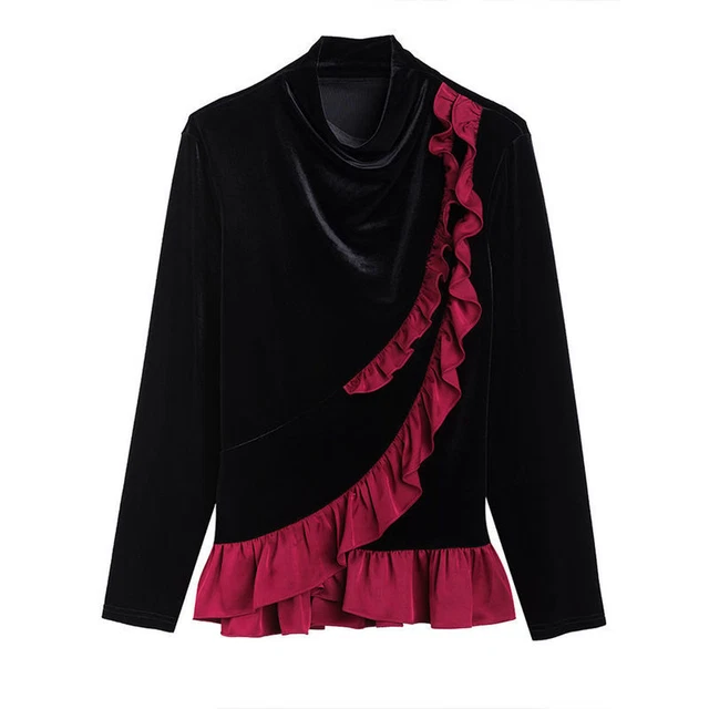 Donna Velluto Camicia Top con Balza Cuciture Mezza Dolcevita Ufficio Pullover