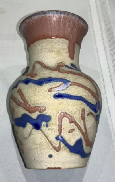 Vintage Stoneware Vase, Jamaica,7", Cream,Blue,Pale Rose
