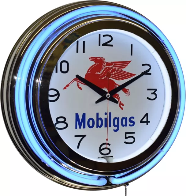 15" Mobil Gas Oil Pegasus Sign Blue Double Neon Clock Garage Man Cave Mobilgas