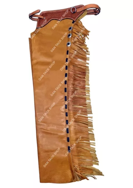 Western Cowhide Leather Shot Gun Chaps Chinks Tooled Yoke with Free shipping.