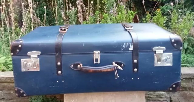 Antique Globetrotter LARGE Cabin Trunk, Leather Straps, Navy. 32.5"x 19" Props