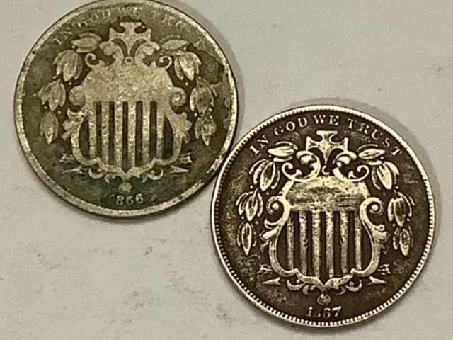 1866 and 1867.  Shield  Nickels  75% Copper 25% Nickel