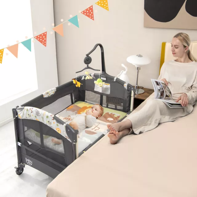 Baby Bedside Sleeper Changing Table 4-in-1 Rolling Bassinet with Mattress Grey