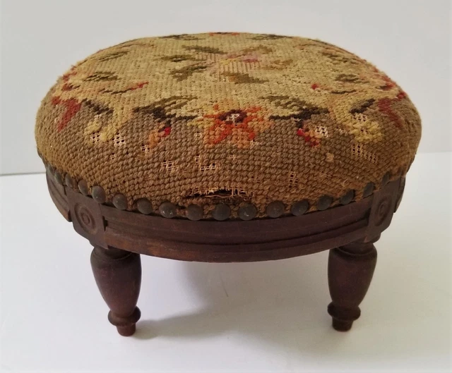 antique FURNITURE victorian NEEDLEPOINT FOOTSTOOL olive green earthy color