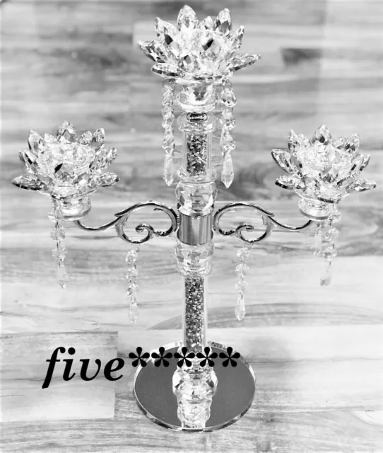 CANDLE HOLDER Crushed 3 Flower Diamond Silver Crystals Filled Romany Candelier