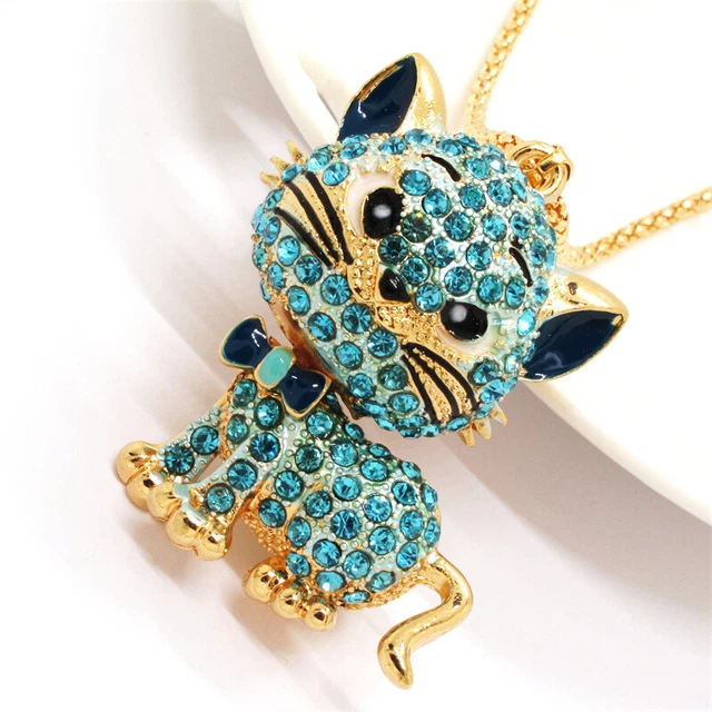 Hot Betsey Johnson Animal Blue Rhinestone Cat Crystal Pendant Chain Necklace 3