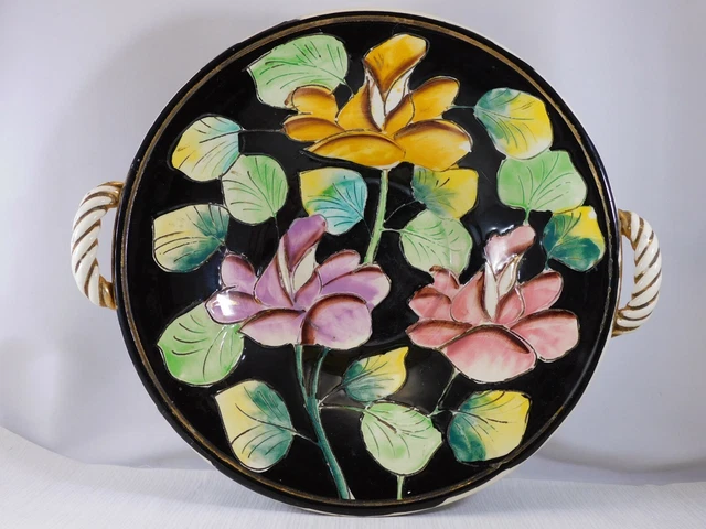 Broche à Réparer En Céramique Émaillée - Décor Fleur Rose, Signée, Modèle Ovale