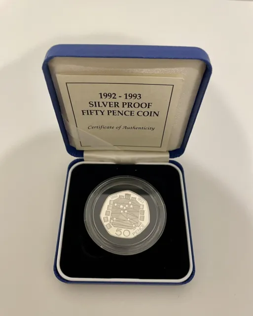 Royal Mint Silver Proof 1992 - 1993 50p Fifty Pence Coin EEC Dual Date COA Box