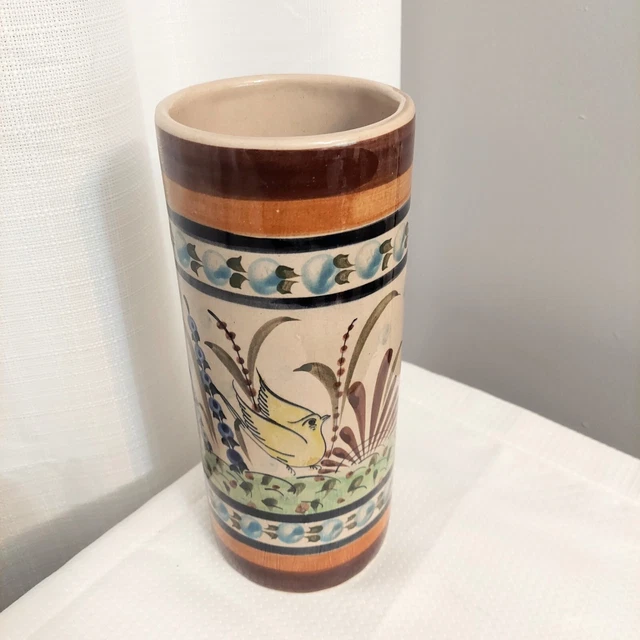 Talavera Mexican Vase Stoneware Handpainted Bird Floral Signed 9.5 In