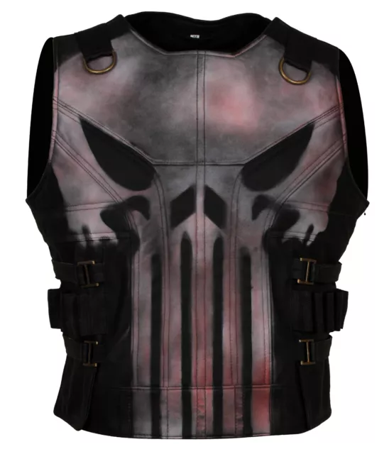 Mens Punisher Season 2 Skull Frank Castle Motorcycle Black Leather Vest Costume