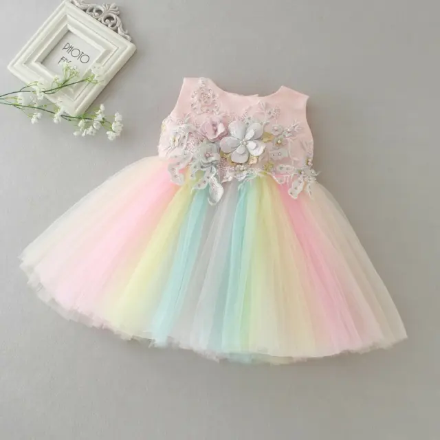 Newborn Baby Girls Rainbow Party Tutu Princess Dress Christening/Birthday/Prom