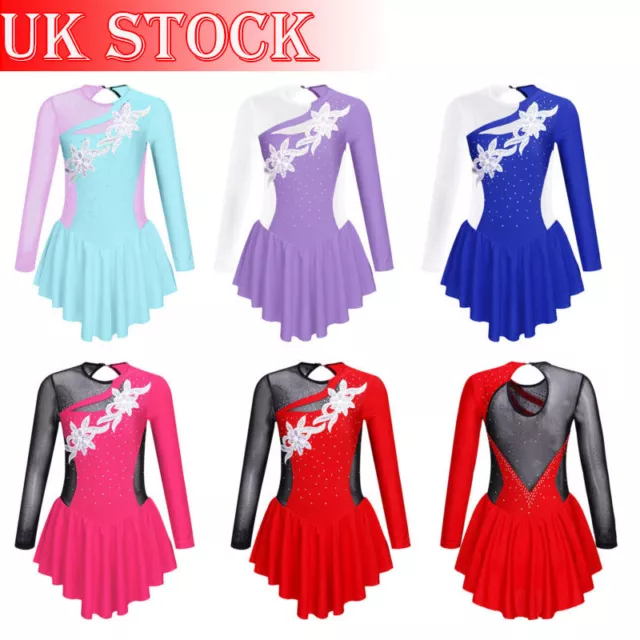 Girls Ice Roller Skating Dress Rhinestones Long Sleeves Mesh Splice Skirt