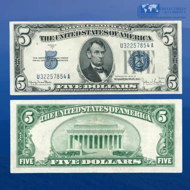 1934D $5 Five Dollars Silver Certificate Blue Seal, Narrow Face, VF+ Condition