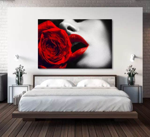 Wand Bild Frau Rote Lippen Rose Erotik auf Leinwand Schlafzimmer Bilder Kunst