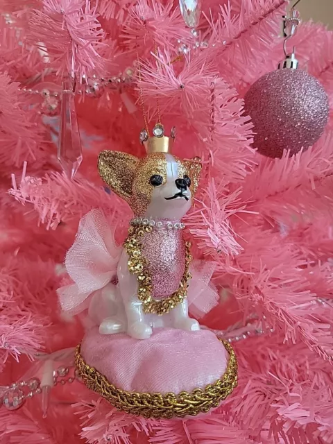 Pink Gold Chihuahua Dog Sitting Pillow Christmas Tree Ornament Crown Princess