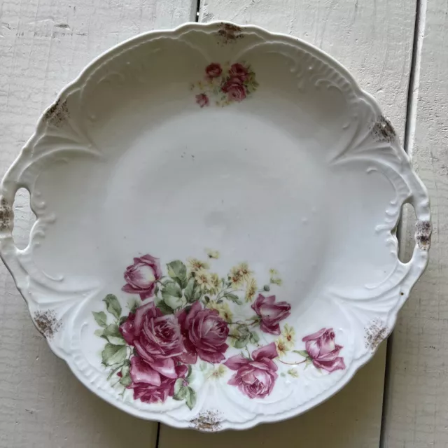 Vtg Porcelain Embossed Painted Cake Plate Pink Roses 9-1/2" Across Handles