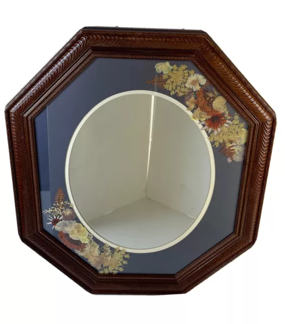 VTG 80s Boho Ornate Wood Terrarium Dried Country Floral Decorative Wall Mirror