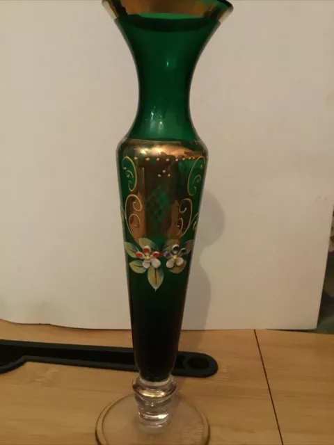 Vintage Green Glass Stemmed Bud VASE - Hand Painted Flowers + Gold Gilded