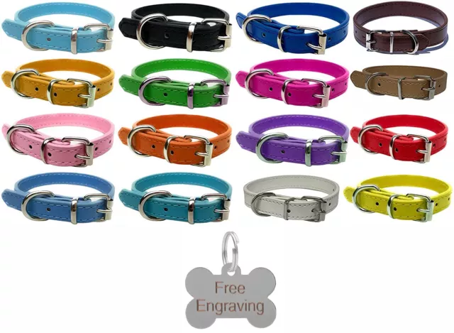 Vibrant Leather Dog Collar for Dogs Puppy & Personalised Engraved Bone Shape Tag