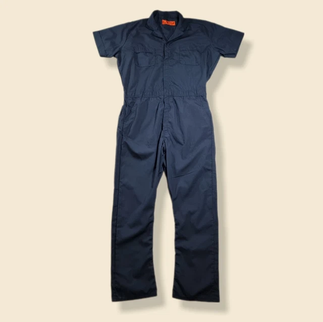 Tute da lavoro vintage anni '90 cappuccio rosso blu navy maniche corte in denim taglia XL