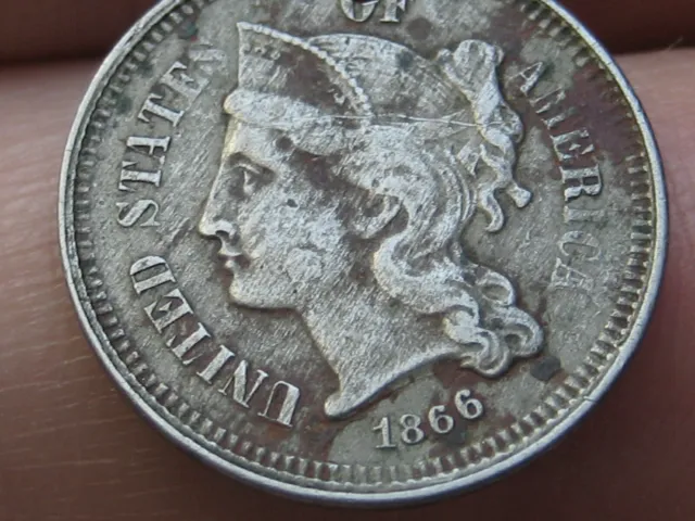 1866 Three 3 Cent Nickel- Fine/VF Details