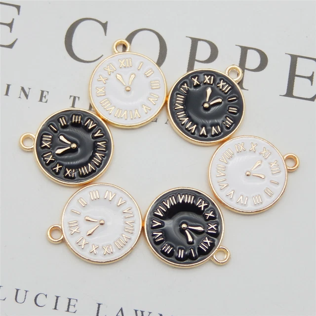 16 Stück Emaille Metall Gold Mini Uhr Handwerk Bulk Anhänger Charm Schwarz Weiß