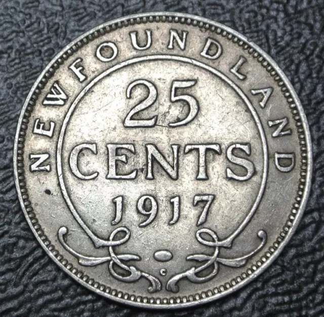 OLD CANADIAN COIN 1917 NEWFOUNDLAND 25 CENTS - .925 SILVER - George V - WWI era