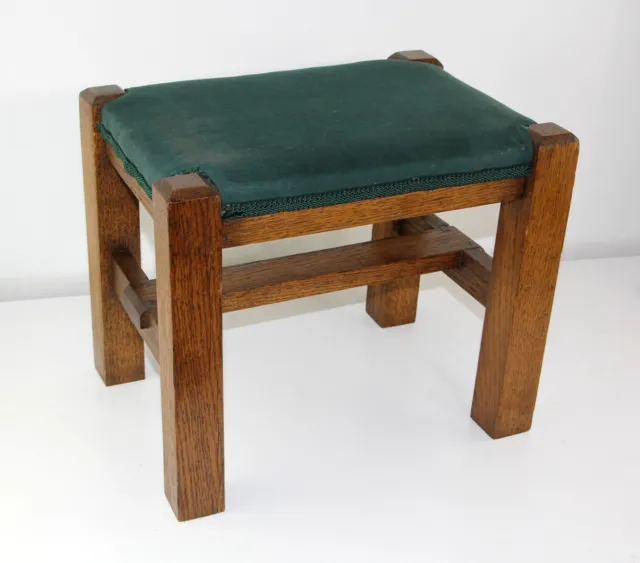 Antique 1940s Mission Arts & Crafts Solid Oak Foot Stool Green Padded Top w Trim