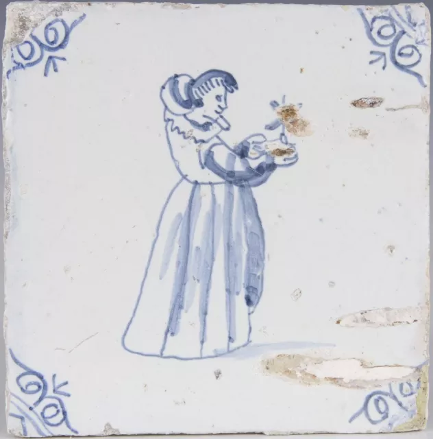 Nice rare Dutch Delft Blue tile, monk, 17th. century.