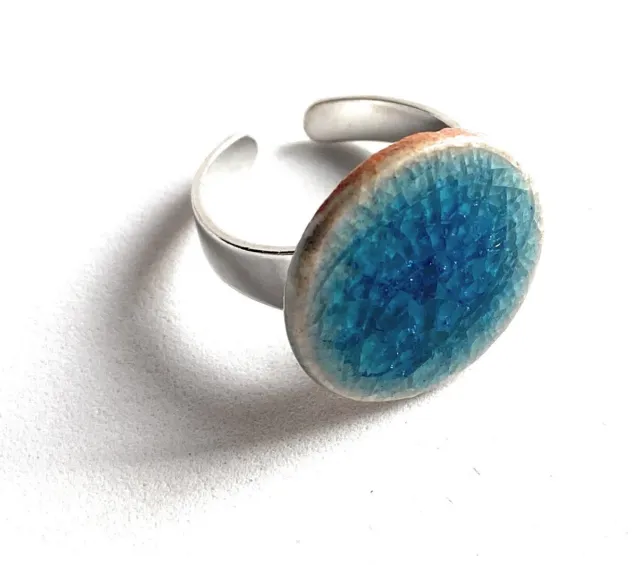 Blue statement ring - CHunky Large Ring, Round  Adjustable ring Ceramic Handmade