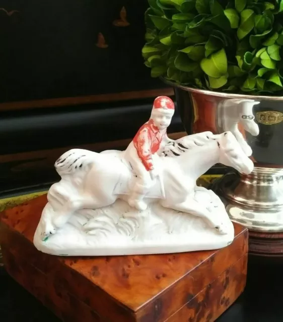 Darling Rare 19C English Staffordshire Equestrian Polo Jockey Hunt Horse 3.75” 2