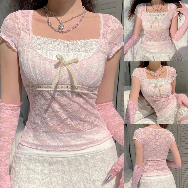 Carina ed elegante T-shirt estiva in pizzo rosa patch per donna dolce estate