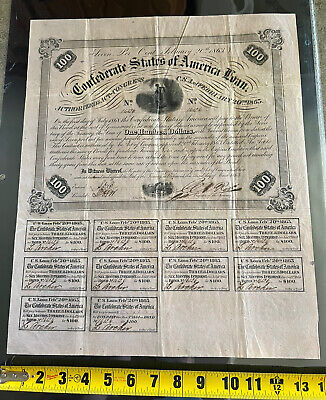 1863 Confederate State of America Loan CSA $100 Civil War Treasury Bond Note
