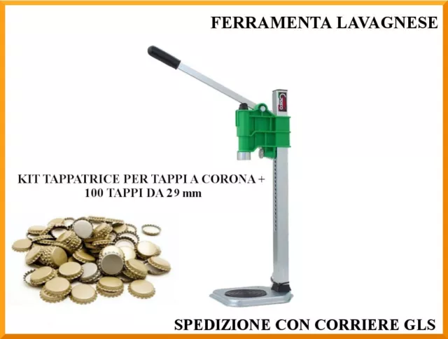 Kit Tappatrice a leva per tappi a corona e 100 tappi a corona diametro 29 mm