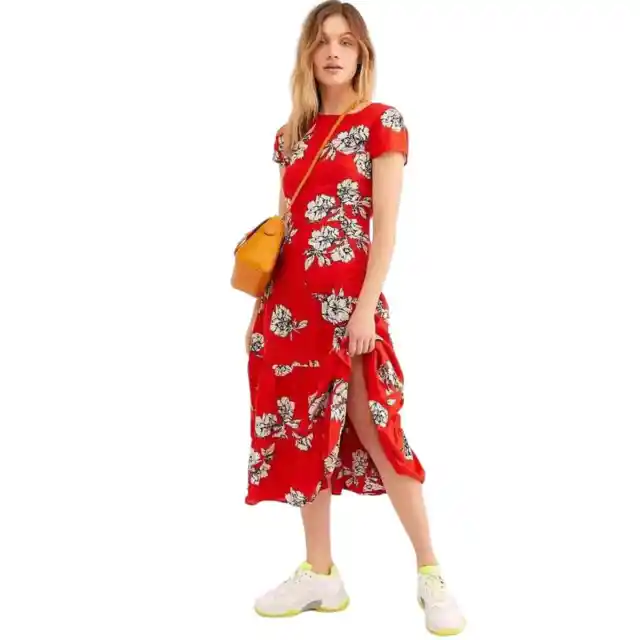 Free People Women's Rita Tiered Midi Dress Size Small Red Floral Cap Sleeve
