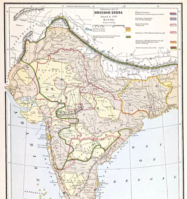 1896 British India Map Protected States French Danish Portuguese Possessions