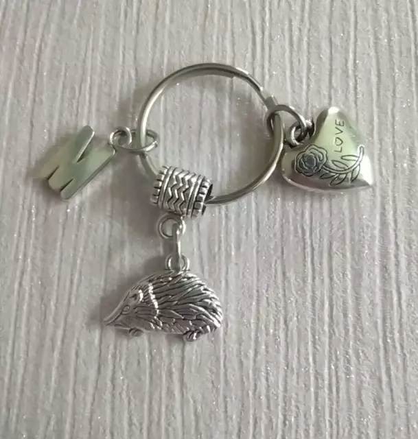 Personalised Hedgehog - Heart Initial Keyring Bag Charm & Organza Bag - Gift